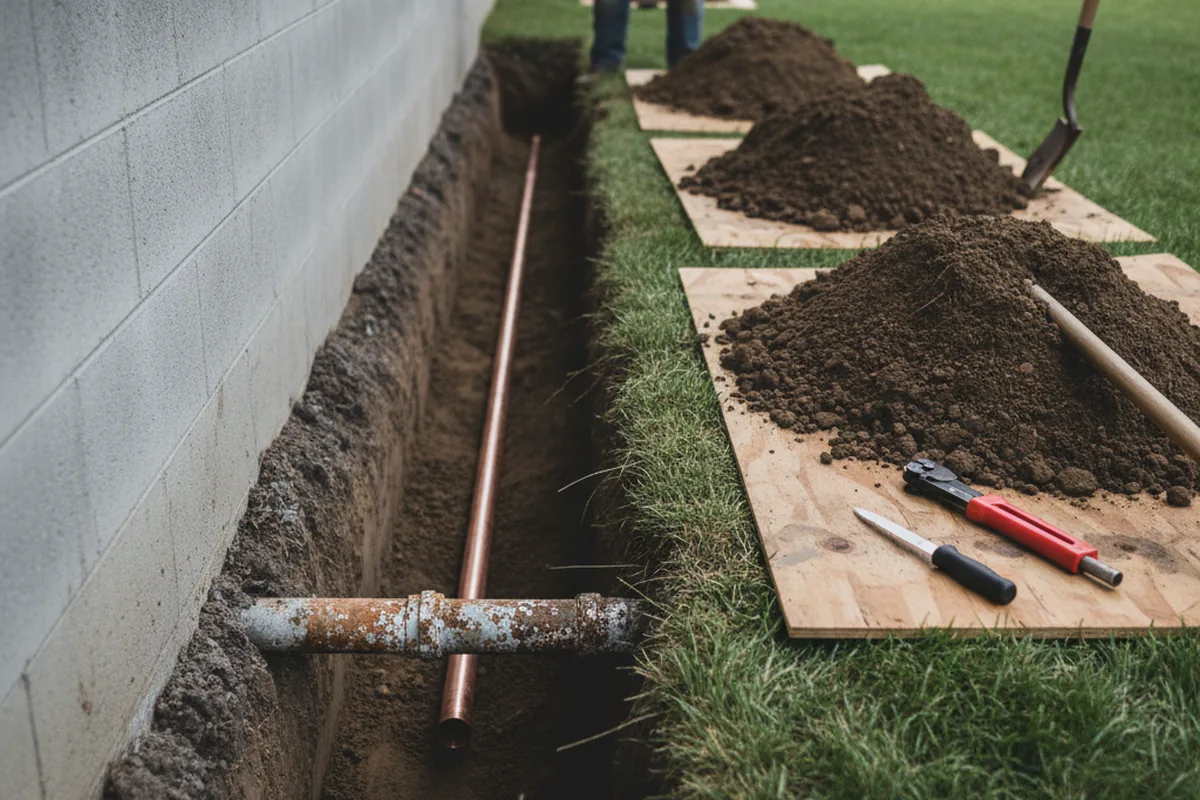 Excavated water line trench during Sewer Line Repair in Tonopah